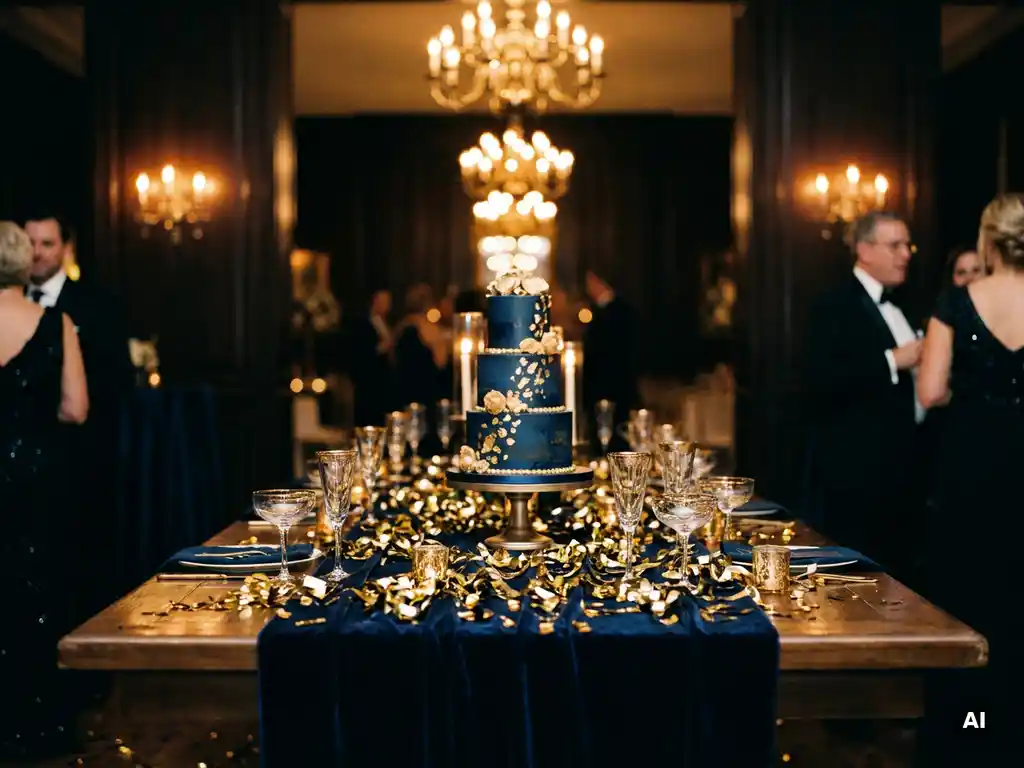 Feestelijke jubileumtafel met champagneglazen, gouden confetti en elegante verjaardagstaart in een stijlvolle feestzaal.