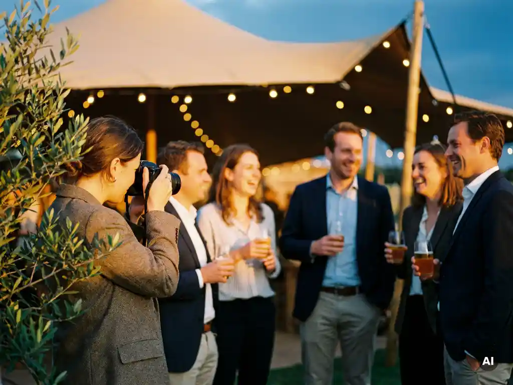 Fotograaf fotografeert lachende collega's tijdens een zakelijk buitenevenement in gouden avondlicht met bokeh-achtergrond.