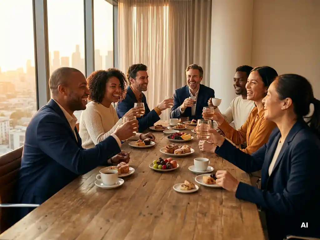 Divers professioneel team lacht en werkt samen aan houten tafel tijdens afsluiting, warme gouden-uurverlichting, stadsgezicht op achtergrond.