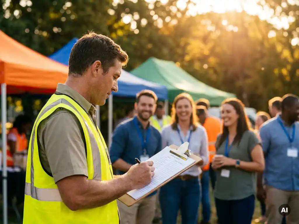 Veiligheidsfunctionaris in oranje hesje controleert noodlijst op klembord bij zakelijk buitenevenement met teamtenten op de achtergrond.