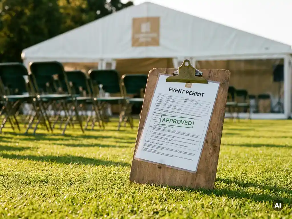 Gelamineerd evenementenvergunning op houten klembord bij een zakelijk buitenevenement met stoelen en partytent op de achtergrond.